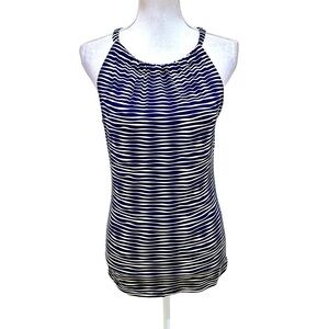 Ellie Kai navy & cream wavy print halter sleeveless stretchy top back tie size 2
